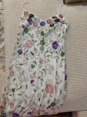 Mac Duggal White Floral Beaded Spaghetti Strap Dress